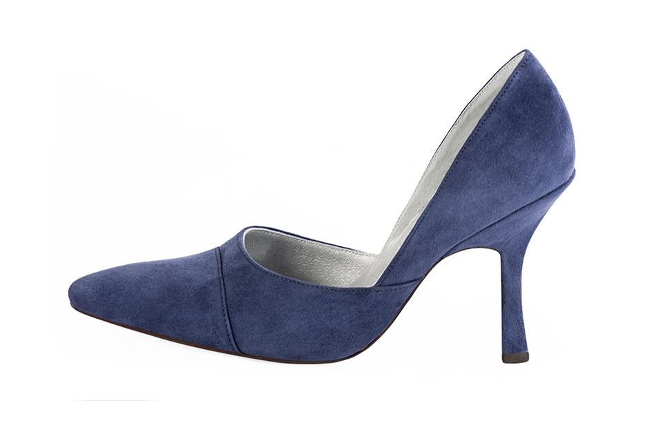 Women's prussian blue elegant open arch pumps. Tapered toe. High spool heels - Profile view